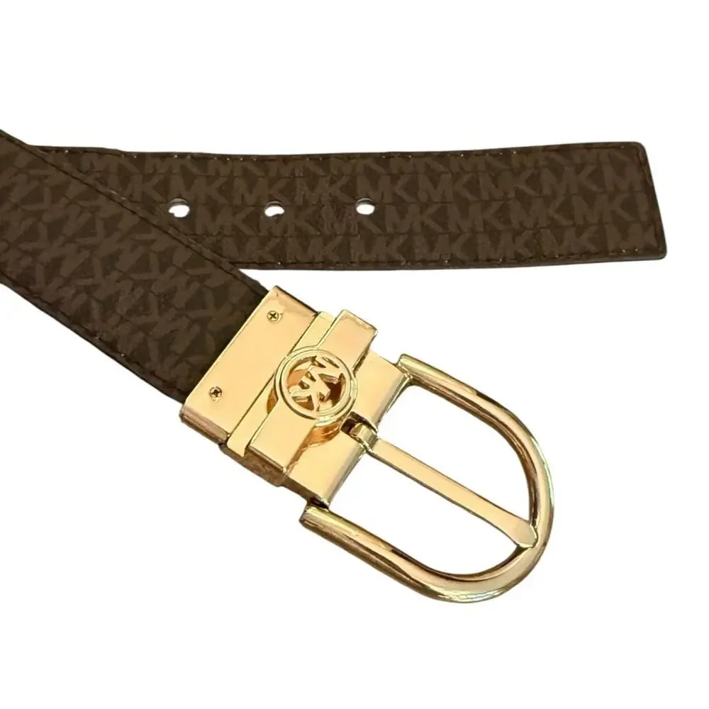Michael Kors Reversible MK Logo Belt Brown Signature White Leather Gold XL